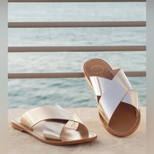 Sandals Mules Shoes Womens White Sun Gold Buff Leather Flats 8 NEW NIB NWT